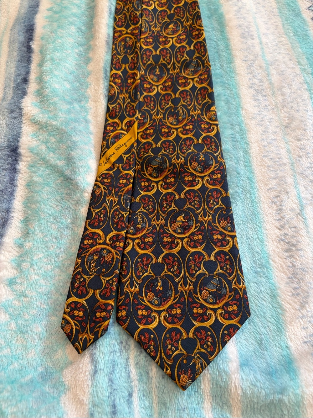 Salvatore Ferragamo Navy, Gold & Red Ornamental Silk Tie